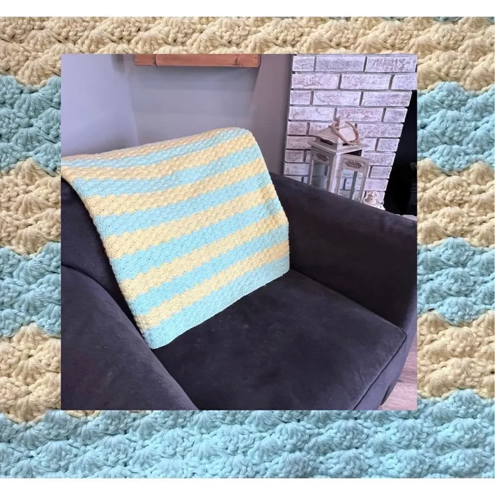 Vintage Handmade Mint Green & Yellow stripe afghan lap‎ blanket throw camp
